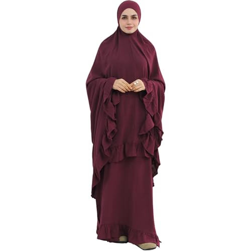 2PCS Abayas for Women Muslim Dress Ruffled Hem Modest Prayer Robe Full Coverage Modest Jilbab Set - color: Wine Red, size: Large