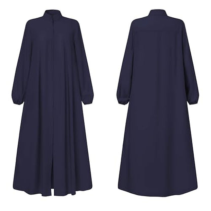 Womens Abaya Muslim Long Sleeve Front Zipper Dress Prayer Islamic Clothes with Pockets - color: Blue, size: Medium