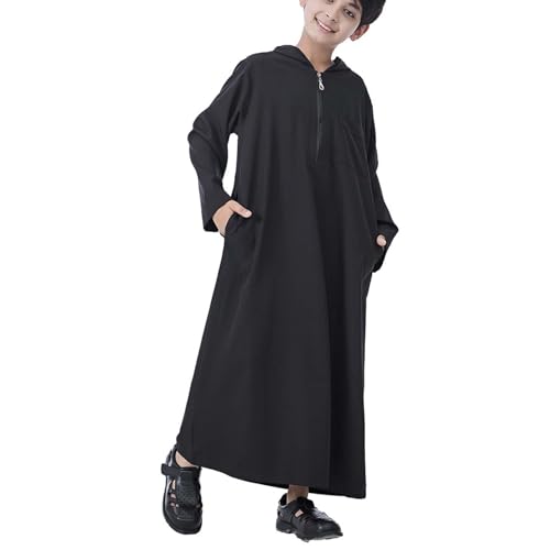 Xiaojmake Dubai Abaya Thobe Elegant Ramadan for Boys Zip Arabic Prayer Clothes with Pockets Islamic Muslim Outfits 3-15Y - color: Black, size: 6-7 Years
