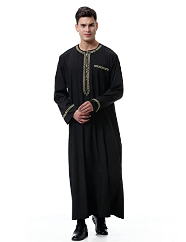 Thobe 남성용 무슬림 의류 카프탄 잘라비야 아바야 아랍 코스튬 라운드넥 긴소매 - color: 블랙-7., size: 40