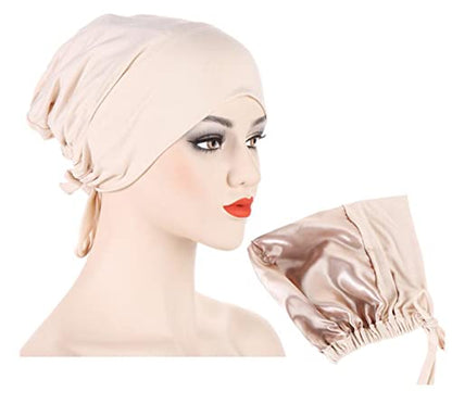 ® Soft Satin Turban Hat Inner Hijab Caps Underscarf Bonnet Hat Headwear for Cancer&Sleep - color: Beige White Black Light Grey