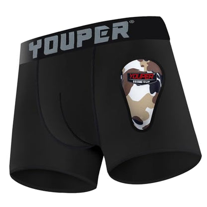Youper Youth Elite Boxer Briefs w/Soft Athletic Cup, Boys Stretch Boxer Jock for Baseball & Football - color: Black, size: Large