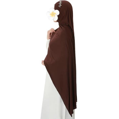 khalat Instant Hijab 여성용 무슬림 샤이니 라인스톤 데일리 스카프 부드럽고 신축성 있는 단색 이슬람 기도 히잡 - color: 커피.