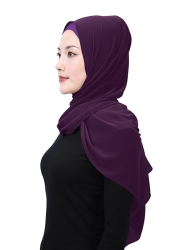 Matched Hijab and Undercap Set, Chiffon Muslim Head Scarf for Women, A Perfectly Decent Combination - color: Deep Purple