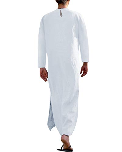 Jacansi Men's 65% Cotton 35% Linen Kaftan Thobe, Long Sleeve Casual Arabic Robe, Loose Long Gown with Pockets - color: White #1, size: X-Large