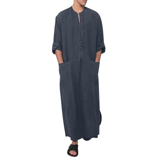 Linen Kaftan Thobe for Men Big and Tall Muslim Robe Long Sleeve Button Down Henley Neck Side Split Caftan with Pocket - color: Gray, size: XX-Large