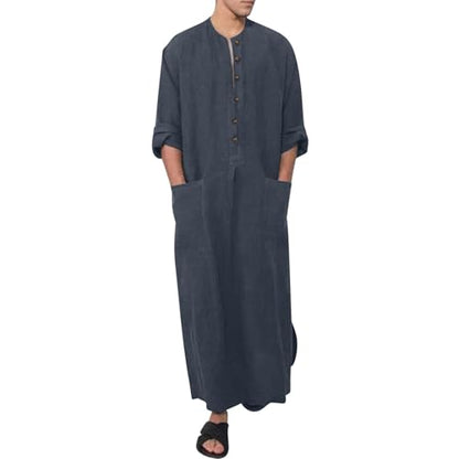 Linen Kaftan Thobe for Men Big and Tall Muslim Robe Long Sleeve Button Down Henley Neck Side Split Caftan with Pocket - color: Gray, size: Large