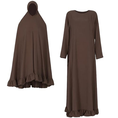 2PCS Abayas for Women Muslim Dress Ruffled Hem Modest Prayer Robe Full Coverage Modest Jilbab Set - color: Coffee, size: Large