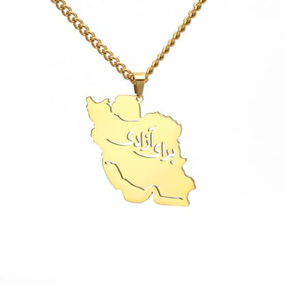 LIKGREAT Iran Map Necklace with Persian Calligraphy Stainless Steel Iranian Cultural Farsi Script Pendant Necklace Patriotic Peace Jewelry - color: 2-gold