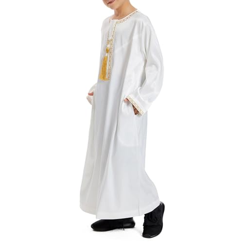 Boys Muslim Clothing Kids Prayer Outfits Long Sleeve Eid Dresses Embroidered Thobe Solid Color Crewneck Arabic Abaya - color: White, size: 5-6X