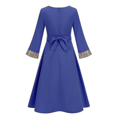 OBEEII Girls Muslim Abaya Ramadan Long Bell Sleeve V Neck Sequins Church Prayer Dress with Belt Islamic Eid Robe Kaftan - color: Royal Blue-sequins, size: 12-13 Years