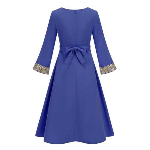 OBEEII Girls Muslim Abaya Ramadan Long Bell Sleeve V Neck Sequins Church Prayer Dress with Belt Islamic Eid Robe Kaftan - color: Royal Blue-sequins, size: 4-5 Years