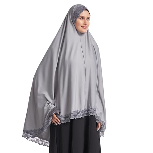 Muslim High Stretch Hijab Pure Color Half-body Cover Hijab with Lace for Praying - color: Grey, size: X-Large