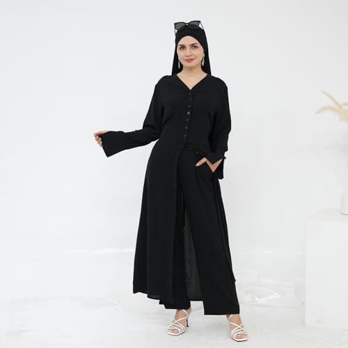 여성용 무슬림 투피스 세트 긴소매 버튼 다운 셔츠 및 바지 이드 라마단 아바야 캐주얼 드레스 두바이 의상 - color: 블랙., size: Medium-Large