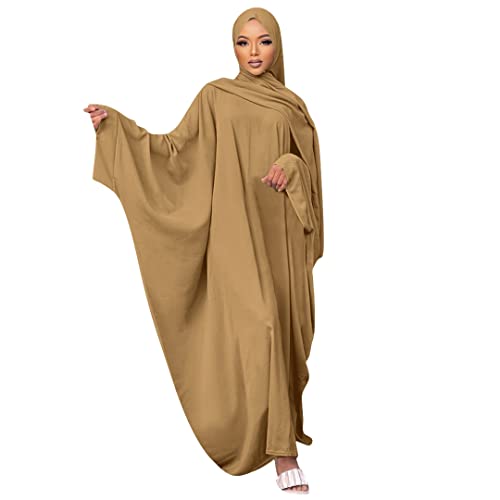 Muslim Dress for Women Pakistani Kaftan Abaya Robe + Hijab Arabic Islamic Prayer Clothes Dubai Outfits - color: Khaki Set