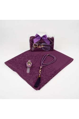 Purple Lace Shawl and Prayer Beads Gift Set with Zikirmatik - Chic Islamic Accessory for Women, Special Boxed Set - Purple, 55x26 inch