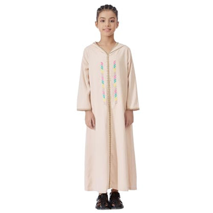 IWEMEK Muslim Abaya Dress for Girls Hooded Prayer Clothes Kids Islamic Dubai Robe Arabic Kaftan Casual Hoodie Ramadan Outfits - color: Beige, size: 14-15 Years