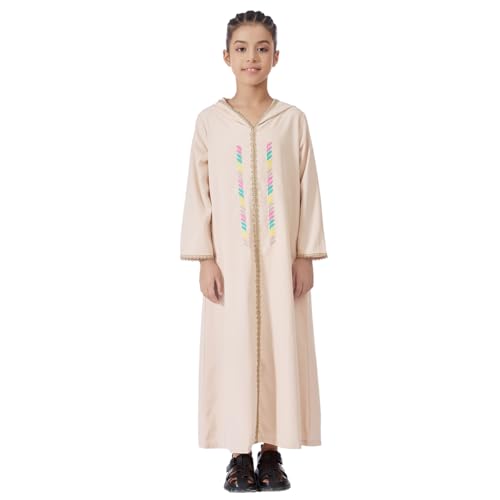 IWEMEK Muslim Abaya Dress for Girls Hooded Prayer Clothes Kids Islamic Dubai Robe Arabic Kaftan Casual Hoodie Ramadan Outfits - color: Beige, size: 14-15 Years