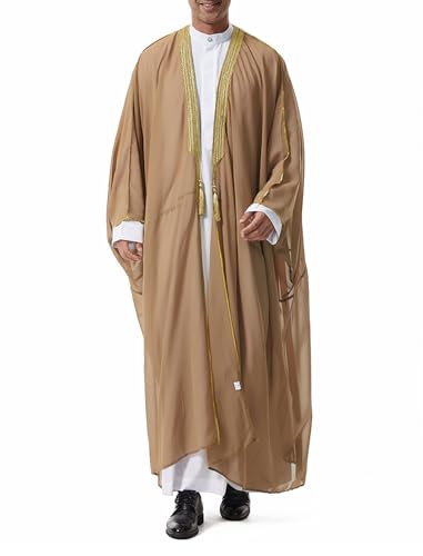 OBEEII Men Muslim Thobe Open Front Chiffon Ramadan Abaya Cardigan Dubai Saudi Embroidery Eid Islamic Clothes Prayer Kaftan - color: Coffee, size: X-Large