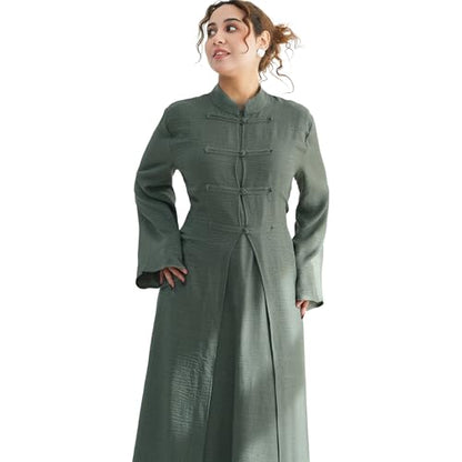 Lenmipot Elegant Middle Eastern Abaya 2pcs Stand Collar Maxi Dress for Women Muslim Jilbab Kaftan Eid Dubai Abaya Outfits - color: Grayish Greena, size: Medium