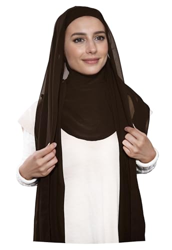 Lina & Lily Premium Chiffon Ninja Instant Hijab Scarf Stitched Jersey Cap Neck Cover Full Coverage - color: Dark Brown