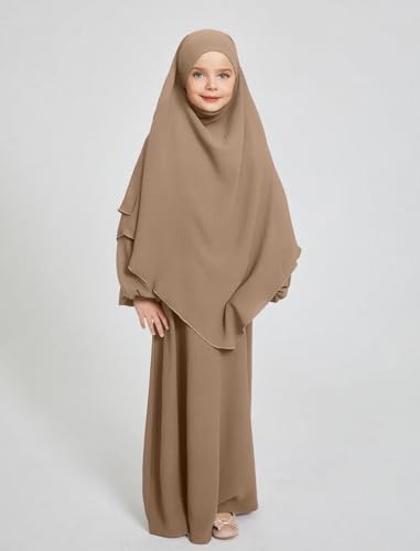 ODIZLI Kids Girls Ramadan Abaya Muslim Long Sleeve Hijab Chiffon Dress Dubai Kaftan with Pockets - color: Khaki, size: 11-12 Years