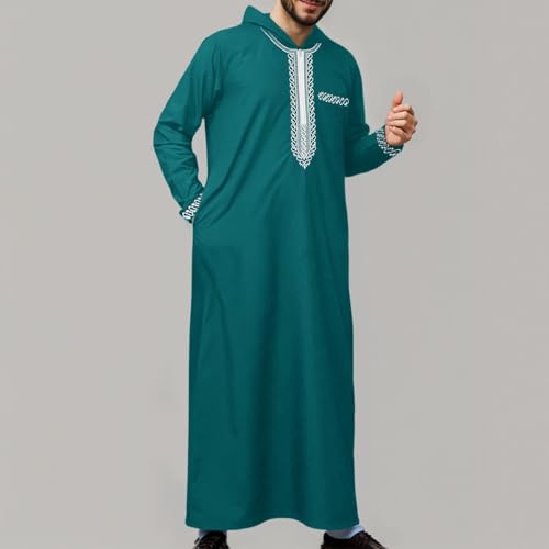 Men's Muslim Middle Arab Casual Long Sleeve Loose Hood Big and Tall Long Gown Dress Muslim Kaftan Thobe - color: Green, size: Small
