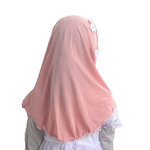 Instant Hijab for Kids Girls Hijabs Muslim Islamic Head Scarf with Rhinestone and Flowers - color: Orange Pink