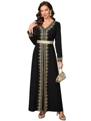 Embroidery Abayas for Women Muslim Moroccan Floral Maxi Kaftan Dress Arabic Islamic Dubai Robe Ramadan Prayer Clothes - color: Black, size: Large