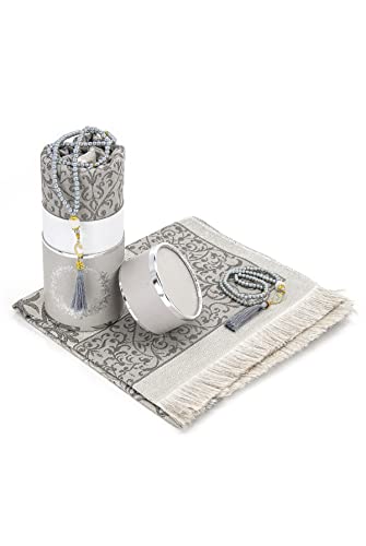 ihvan online Muslim Prayer Rug and Prayer Beads with Elegant Design Cylinder Gift Box, Janamaz, Soft Sajadah, Islamic Gifts Set, Portable Prayers Carpet Mat, Taffeta Fabric, Grey - color: Grey