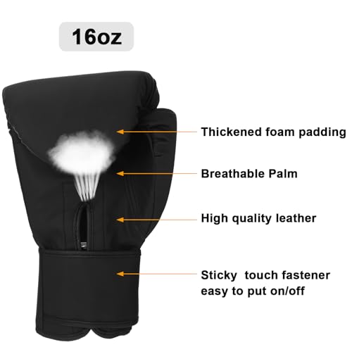 Junkin 6 Pcs Boxing Set 1 Pair of 16oz Gloves and 4 Pcs 118 in Hand Wraps for Adult Boxing Training Shockproof Gloves Training Beginner Practice Muay Thai Kickboxing Gift - color: Black