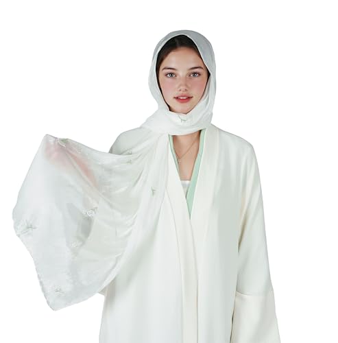 Shinny Threat Hijab Flower Embroidery Shawl Scarf Summer Cool Headwrap | Shinny Threat, Flower Embroidery - color: White