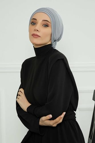 Aisha's Design Instant Turban Head Wraps for Women, Combed Cotton Scarf Lightweight Pre tied Hijab with Back Rose Detail - color: Grey