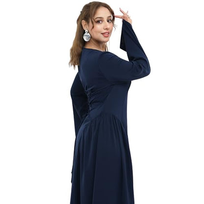 Muslim Abaya Dress for Women Smooth Back Zipper Belt Daily Prayer Eid Dress - color: Navy, size: Large
