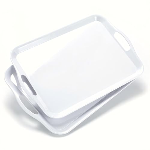 Large Melamine Serving Tray with Handles, 16.75 x 11.5 inch Rectangular Serving Platter, for Eating, Appetizer, Charcuterie, Snack, Fruit, Desserts, set of 2 White