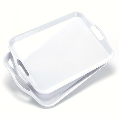Large Melamine Serving Tray with Handles, 16.75 x 11.5 inch Rectangular Serving Platter, for Eating, Appetizer, Charcuterie, Snack, Fruit, Desserts, set of 2 White