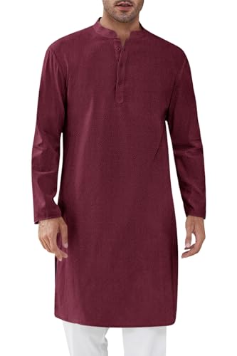 Runcati Mens Kurta Thobe Textured Henley Shirt - color: Diamond- Brick Red, size: Medium