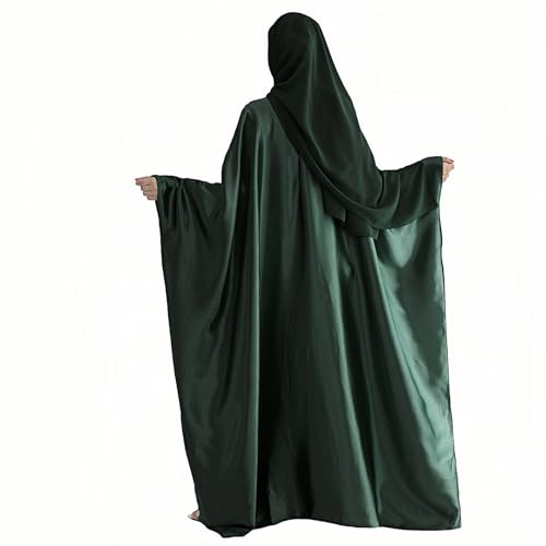 Abaya Muslim Women Dress Satin Batwing Sleeve Kaftan Maxi Arabian Dubai Islamic Ramadan Prayer Dress with Hijab Scarf - color: Dark Green