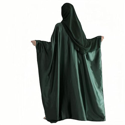 Abaya Muslim Women Dress Satin Batwing Sleeve Kaftan Maxi Arabian Dubai Islamic Ramadan Prayer Dress with Hijab Scarf - color: Dark Green