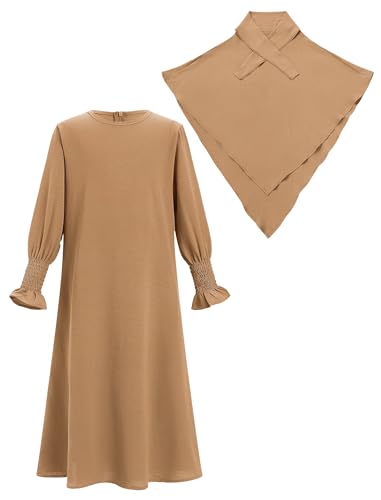 OBEEII Abaya for Girls Muslim Long Sleeve Prayer Dress Ramadan Kaftan Abaya with Hijab Islamic Clothing Arabic Eid Robe - color: Khaki, size: 11-12 Years