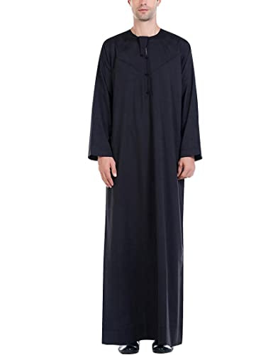 Thobe for Men Muslim Clothing Long Sleeve Kaftan Eid Prayer Jalabiya Robe Islamic Abaya Arabic Formal Dress - color: Black, size: 3X-Large