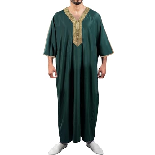 Moroccan Kaftan Thobe for Men Loose Caftans Loungewear Embroidered Beach Kaftan Cover up Muslim Arab House Robes - color: Green, size: X-Large