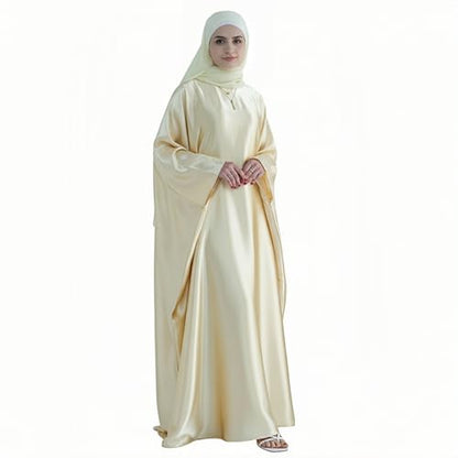 Abaya Muslim Women Dress Satin Batwing Sleeve Kaftan Maxi Arabian Dubai Islamic Ramadan Prayer Dress with Hijab Scarf - color: Beige