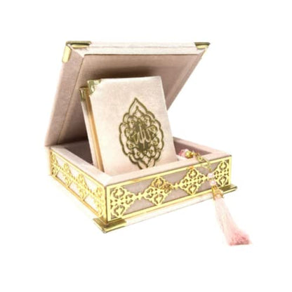 Velvet Covered Quran Tasbeeh Prayer Beads | Islamic Wedding, Graduation Gift Set with Wooden Box | Eid, Ramadan Favor (Pink) - color: Pink