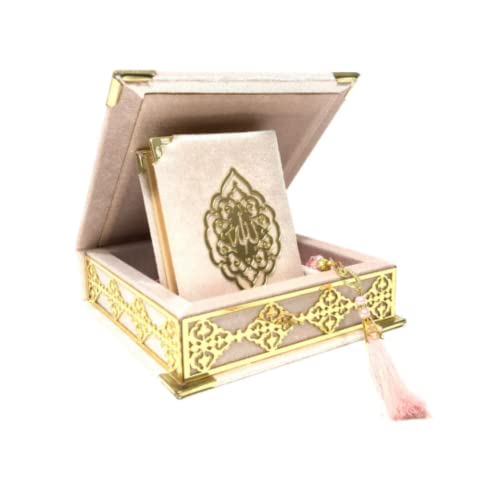 Velvet Covered Quran Tasbeeh Prayer Beads | Islamic Wedding, Graduation Gift Set with Wooden Box | Eid, Ramadan Favor (Pink) - color: Pink