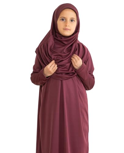 Prien Kids Prayer Dress Muslim Clothes for Girls Long Sleeve Abaya with Hijab Two Piece Maxi Islamic Set Scarf Kaftan Jilbab - color: Cherry
