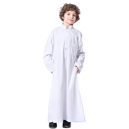 ODIZLI Arabic Thobe Muslim Thobe Long Sleeve Kaftan Crew Collar Robe with Zipper for Boy Solid Color/Embroidery/Stripe Print - color: White a, size: 4-5 Years