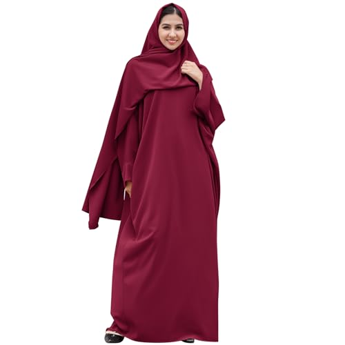 IDOPIP Abayas for Women Muslim Dress with Hijab, One-Piece Long Sleeve Islamic Prayer Dress with Khimar Jilbab Kaftan Clothes - color: Wine Red + Hijab