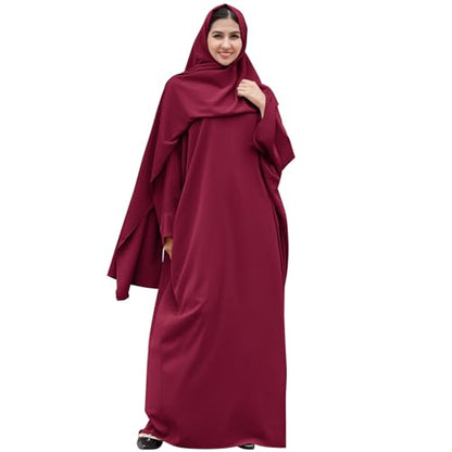 IDOPIP Abayas for Women Muslim Dress with Hijab, One-Piece Long Sleeve Islamic Prayer Dress with Khimar Jilbab Kaftan Clothes - color: Wine Red + Hijab