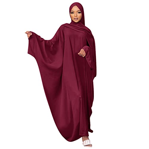 Muslim Dress for Women Pakistani Kaftan Abaya Robe + Hijab Arabic Islamic Prayer Clothes Dubai Outfits - color: Dark Red Set